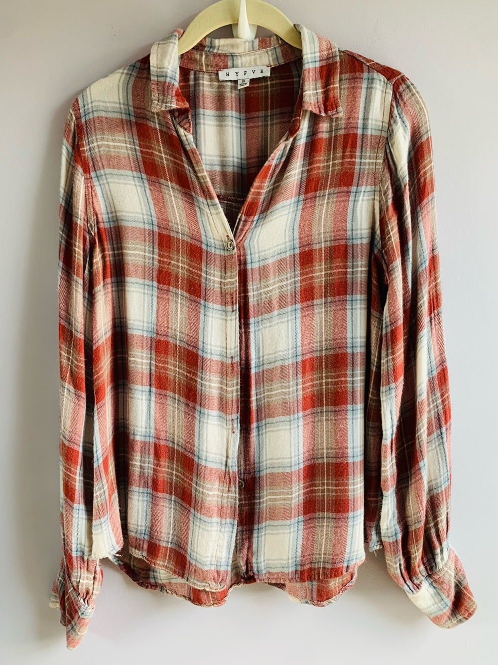 HYFVE Lightweight Plaid Shirt Button Down Rust Cream Boyfriend Casual Fall EUC S
